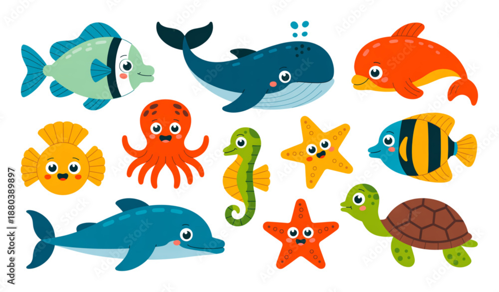 Fototapeta premium Colorful Marine Animal Cartoon Collection Vector for Kids Design