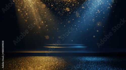 Premium elegant background template with dark blue stage, golden spotlight lines, glitter for award ceremony, winner rewarding