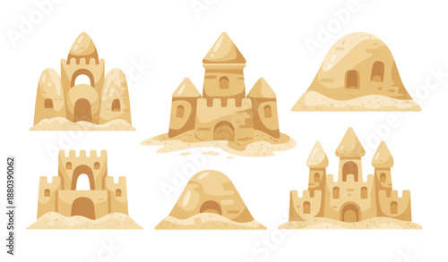 Summer Beach Sandcastle Collection Vector Illustration Set
