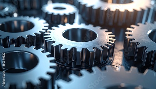 Close-up of metal gears interlocking, symbolizing industry, machinery, and teamwork