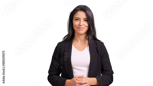 Businesswoman standing smiling with hands clasped