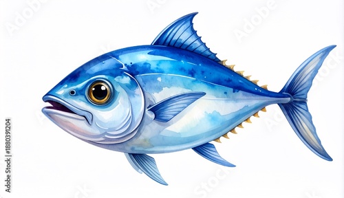 Vibrant Bluefin Tuna Fish Illustration with Detailed Watercolor Texture Isolated on White Background, Fresh Seafood Concept
