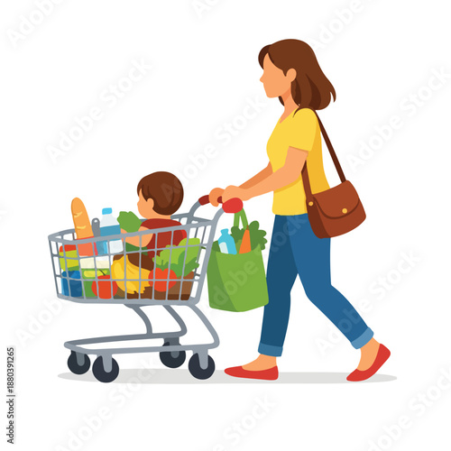 Household Shopping Illustration - Professional Supermarket Consumer Scene featuring Domestic Grocery Management, Family Food Selection, Modern Commercial Store Interior