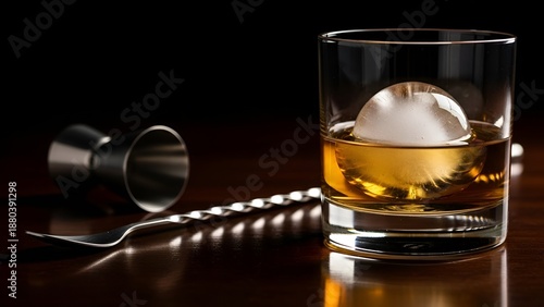 A sophisticated cocktail presentation: a glass of whiskey with an ice sphere and bar tools