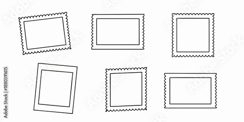 Six empty rectangular postage stamp frames with a decorative border design