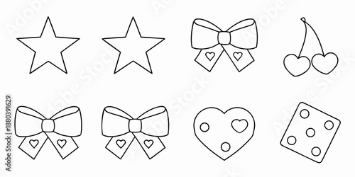 Simple line drawings of stars bows hearts cherries and a die