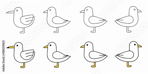 Simple cartoon drawings of ducks in a line showcasing different poses