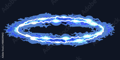 A striking blue energy oval with a glowing textured and pixelated design