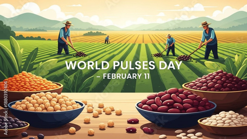 Farmers harvesting pulses in a field with bowls of various legumes on a table celebrating world pulses day on february 11
