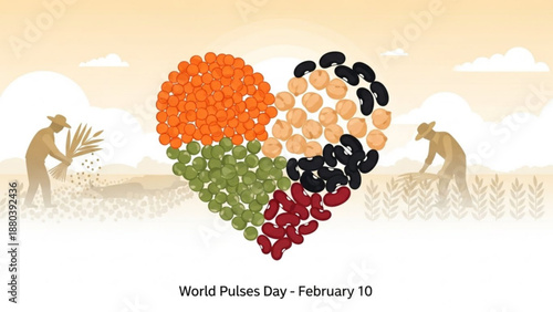 Colorful heart shaped pulses illustration for world pulses day on february 10 celebrating legumes and beans in a vibrant agricultural setting