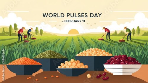 World pulses day poster with farm workers harvesting legumes in a field at sunrise with assorted pulses in bowls