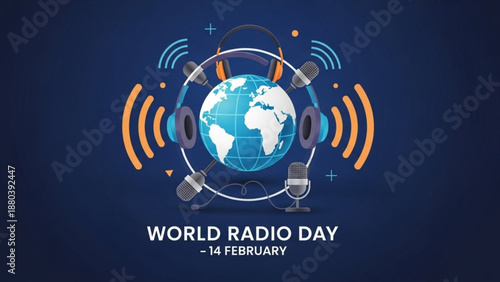 World radio day illustration with globe headphones microphones and radio waves on dark blue background