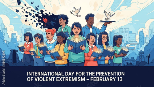 Diverse group of young people reading books with cityscape background on international day for the prevention of violent extremism february 13 promoting education and peace