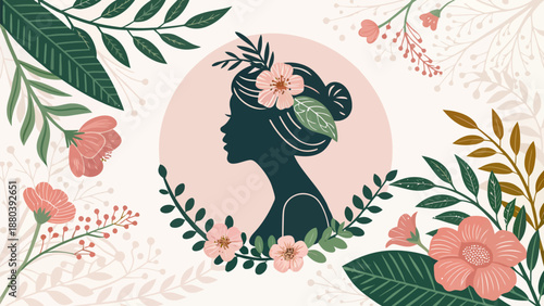 Elegant woman silhouette with floral crown and lush greenery