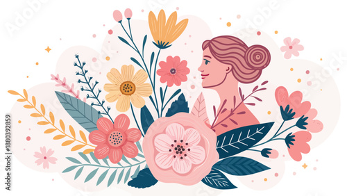 Woman surrounded by vibrant flowers and lush greenery in soft pastel colors