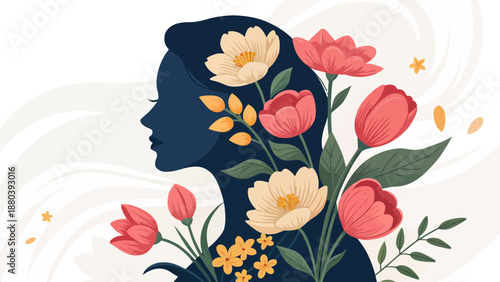 Woman's silhouette with vibrant flowers and leaves growing around her head and neck