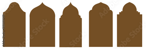 Islamic Arch Window Silhouettes Set. Minimal silhouettes of traditional Islamic arch windows, suitable for architectural design, cultural decoration, and vector graphic backgrounds.

