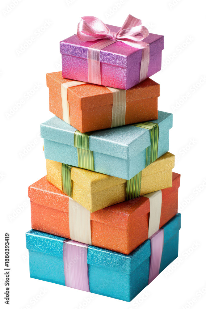 Obraz premium Stack of Glittery Gift Boxes in Various Bright Colors Tied with Ribbons present pile