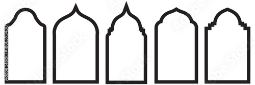 Islamic Arch Window Silhouettes Set. Minimal silhouettes of traditional Islamic arch windows, suitable for architectural design, cultural decoration, and vector graphic backgrounds.

