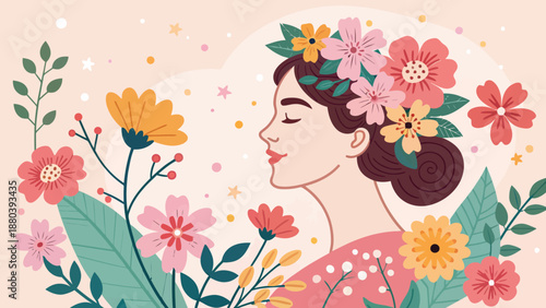 Woman with flowers in hair surrounded by colorful blooms