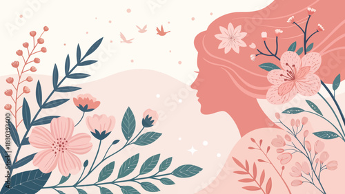 Elegant woman surrounded by vibrant flowers and lush greenery in soft peach tones