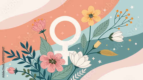 Vibrant floral design with female symbol for empowerment and equality
