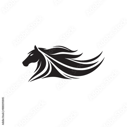 Black Horse Head Silhouette with Flowing Mane - Dynamic Logo Symbol.