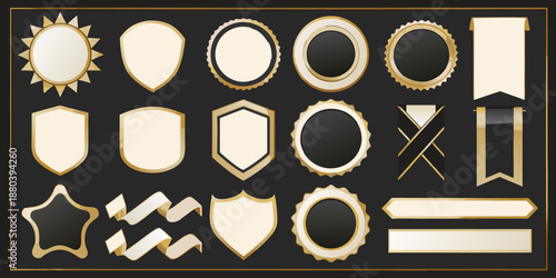 Collection of golden badges ribbons and decorative elements on a black background