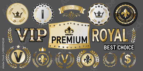 Collection of ornate gold and silver badges ribbons and labels with royal motifs