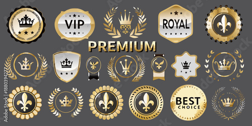Collection of golden badges labels and emblems with royal and premium designs
