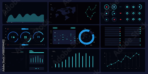 Abstract digital dashboard interface with various data visualizations and glowing elements