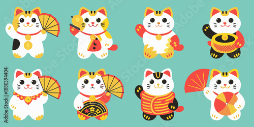 A collection of adorable maneki neko cats in various poses and outfits