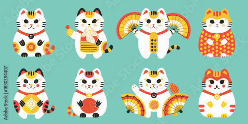 Charming maneki neko cats in traditional japanese clothing and vibrant designs