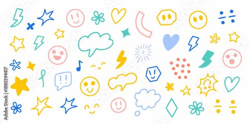 Colorful doodle stickers featuring stars hearts clouds and happy face icons
