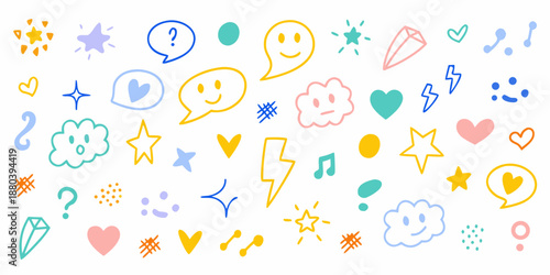 Colorful doodle collection featuring happy faces hearts stars and various whimsical shapes
