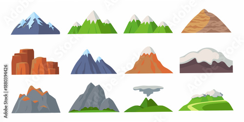 Colorful cartoon mountains and hills in a flat illustrative design style