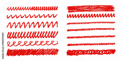 Abstract red scribble designs and brush strokes on a white background