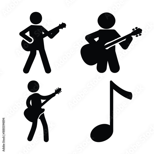 Stick figure musicians playing acoustic and electric guitars alongside a prominent musical note