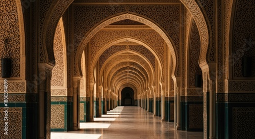 Ornate Moorish arches in a grand historic hallway with intricate designs