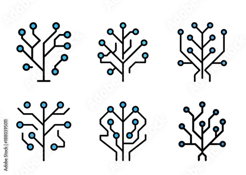 Collection of six abstract technological tree shapes with nodes and connections