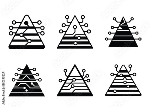 Six black pyramid shaped circuits with nodes and connections on a white background