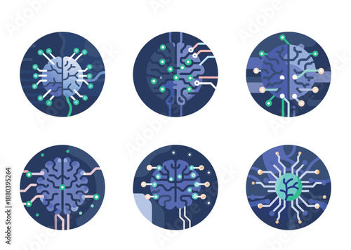 Six Circular Illustrations Representing Artificial Intelligence Concepts and Neural Networks