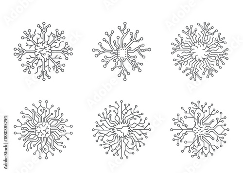 Six digital snowflake designs with integrated circuit board elements on a white background