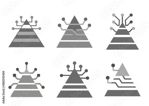 Six variations of pyramid diagrams with connected nodes symbolizing hierarchy and connectivity