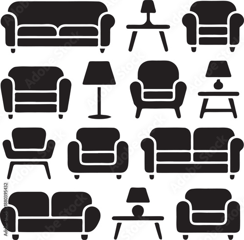 Home interior furniture icon pack black silhouettes