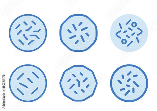 Stylized representations of various bacteria colonies or microorganisms in blue tones