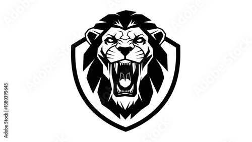 Black and white illustration of a roaring lion's head within a shield on a white