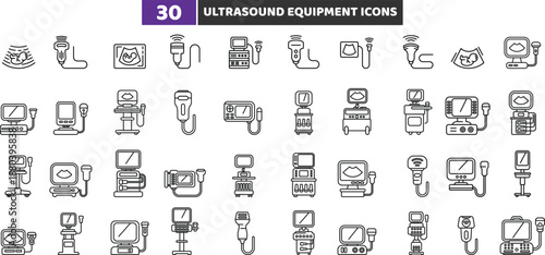 Ultrasound Equipment and Pregnancy Scanner Line Icons Set, Medical Diagnostic Sonography Machine Vector Collection