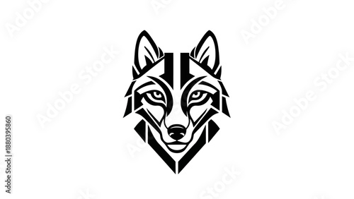 Geometric wolf head illustration in black and white on a plain background.