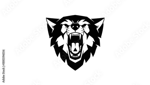 Graphic illustration of a snarling wolf head in black and white on a plain background.